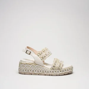 LEDA: AVORIO, BIANCO, PANNA - SANDALO SUOLA GOMMA CON ZEPPA 6 CM FASCIATA IN RAFIA