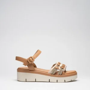CLOE: MARRONE, CUOIO, BEIGE - SANDALO BASSO SUOLA GOMMA