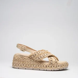 LIVIA: BEIGE, SABBIA, DESERTO - SANDALO SUOLA GOMMA CON ZEPPA 6 CM FASCIATA IN RAFIA