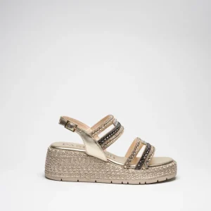 SOFIA: PLATINO, ORO - SANDALO SUOLA GOMMA CON ZEPPA 6 CM FASCIATA IN CORDA